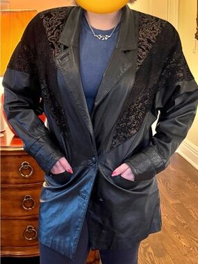 Vintage 80s Genuine Leather Blazer w Velvet Brocade Panels - Oversized M/L